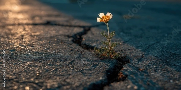 Fototapeta A small flower emerges from a crack in asphalt, symbolizing resilience and growth amidst adversity