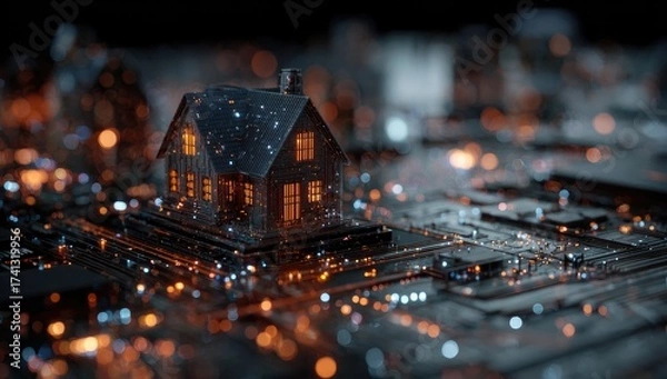 Fototapeta A digital house model rests atop a circuit board, illuminating with warm light and glowing points