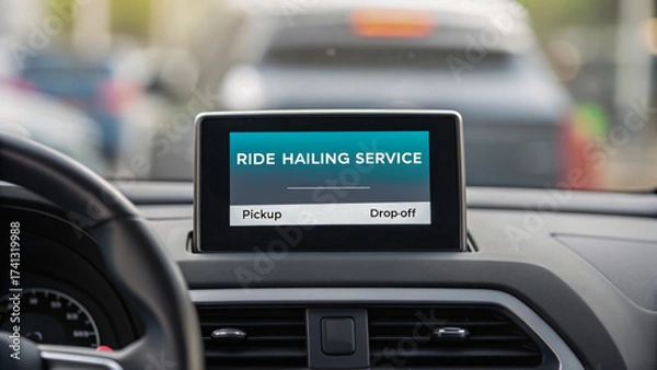 Obraz Ride hailing apps simplify urban transportation. Ride-hailing service interface displayed on a car's dashboard, showing pickup and drop-off options.