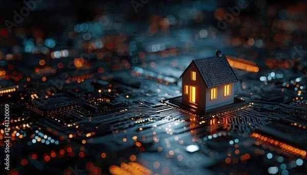 Fototapeta Miniature house with lit windows on a circuit board, symbolizing smart home technology