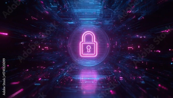 Fototapeta A neon padlock, glowing within a digital tunnel, representing secure data and cybersecurity