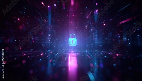 Fototapeta Abstract digital rendering of a glowing padlock amidst glowing lines and bokeh effect