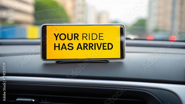 Obraz Ride hailing apps simplify urban transportation. A smartphone displays "Your ride has arrived" on a car dashboard in an urban setting.