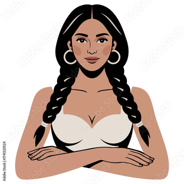 Fototapeta A beautiful woman with braids in a flat style with crossed arms