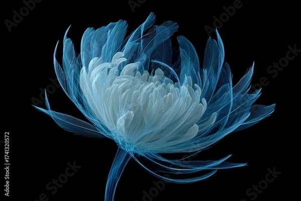 Fototapeta A close-up ethereal, floral rendering, featuring a vibrant, blue translucent bloom against black