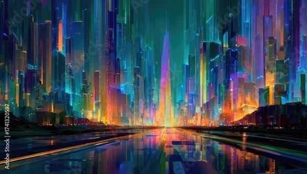 Fototapeta Digital painting depicts a vibrant cityscape with colorful streaks, reflecting on a watery surface