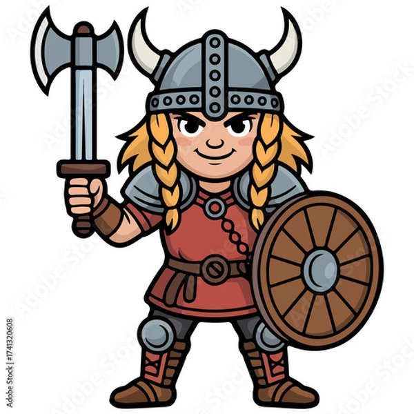 Fototapeta A cartoon viking warrior in a classic pose, armed with an axe and a shield. The viking is depicted with traditional attire, including a horned helmet