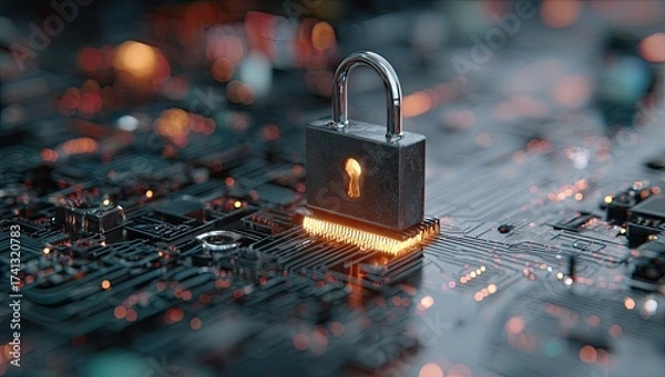 Fototapeta A metallic padlock, centered over a glowing digital circuit board with bokeh lights, in a close-up shot