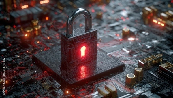 Fototapeta A detailed close-up shot of a padlock with a glowing keyhole set on a circuit board