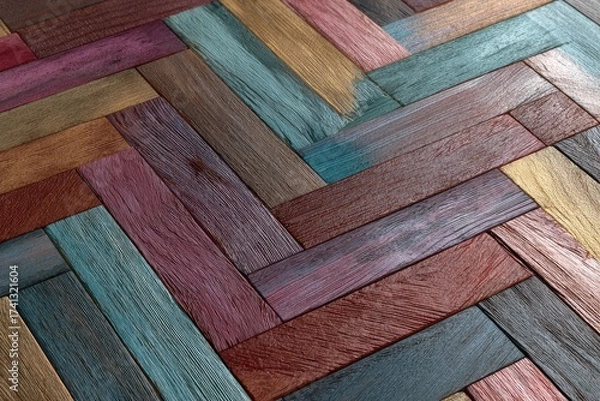 Fototapeta Angled close-up of colorful wooden floor planks arranged in a herringbone pattern