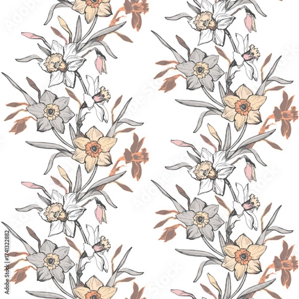 Fototapeta Vector botanical seamless pattern with hand drawn flowers daffodils, narcissus. Light floral elements on whiyte background. Elegant design for textile, fabric, wallpaper, packaging.