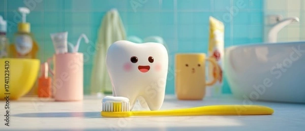 Obraz The smiling tooth with toothbrush on bathroom countertop under bright soft lighting