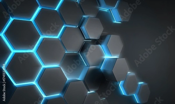 Fototapeta Futuristic hexagonal tiles with blue glowing accents on a dark, abstract, and technical background