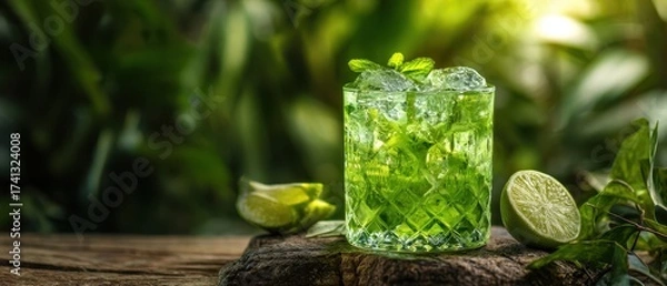 Obraz The Mojito Glass On Rustic Wood Surface With Fresh Mint And Lime