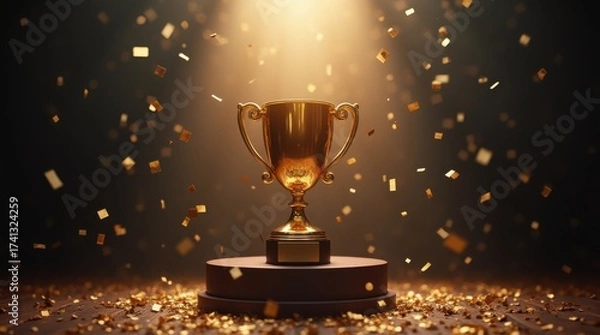 Fototapeta Gold trophy on podium with confetti falling and spotlight beam across stage, triumphant ceremony moment, bold celebratory atmosphere, crisp metallic shine, clean composition