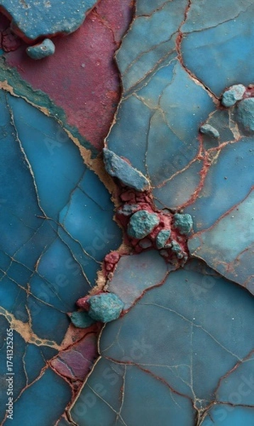 Fototapeta Abstract Geology: Multi-Colored Textured Surface with Fractured Blue Plates and Golden Veins