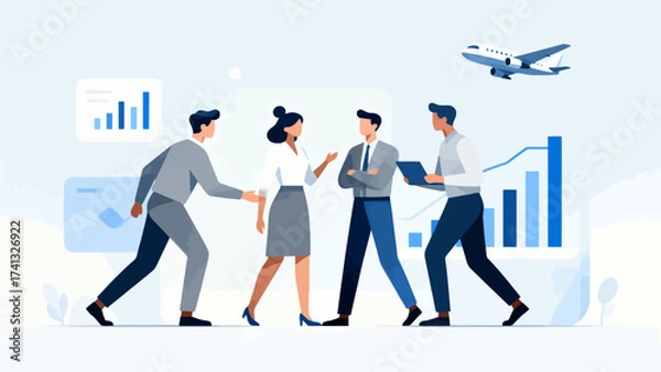 Obraz Business team walking with charts and airplane