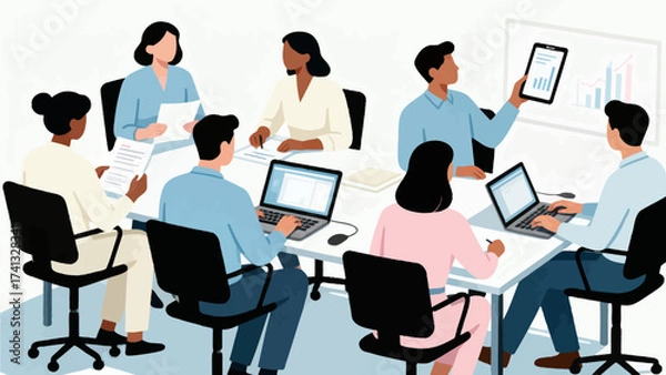 Obraz Business team in meeting with laptops and charts