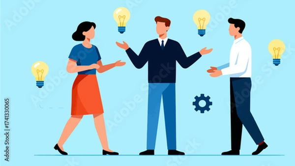 Obraz Three people discussing ideas with lightbulbs
