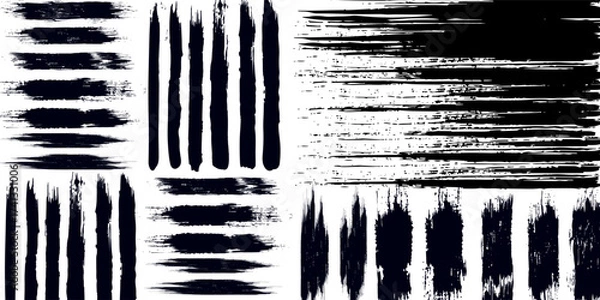 Fototapeta Collection of vector paint brush stroke, ink splatter, grunge line and artistic design elements. Dirty overlay, watercolor splash, black silhouette and torn paper set. Social media business banner art