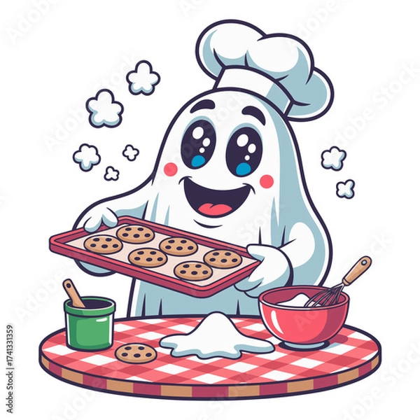 Fototapeta Cute cartoon ghost baking cookies on table with ingredients