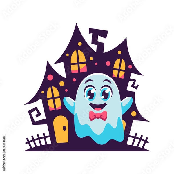 Fototapeta Smiling cartoon ghost in front of haunted house on transparent background