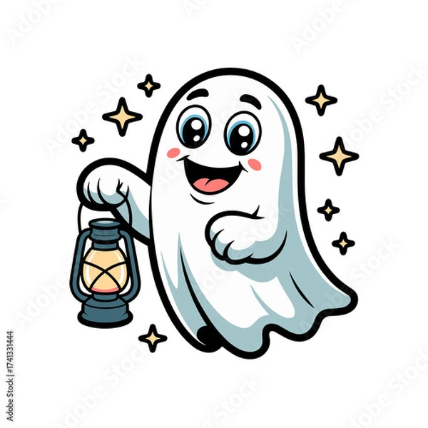 Fototapeta Smiling cartoon ghost holding lantern on transparent background