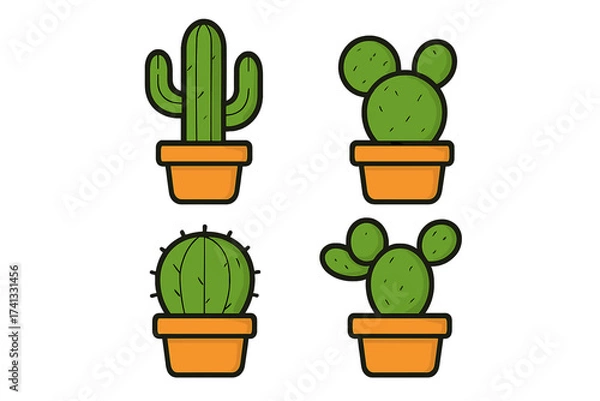 Fototapeta Cactus and succulent icon set. Flat cartoon vector illustration. Various cacti plants in pots for summer, desert, or botanical design. Graphic element collection isolated.