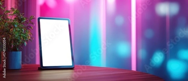 Obraz The Tablet on a Neonlit Desk Surrounded by Plant and Ambient Glow