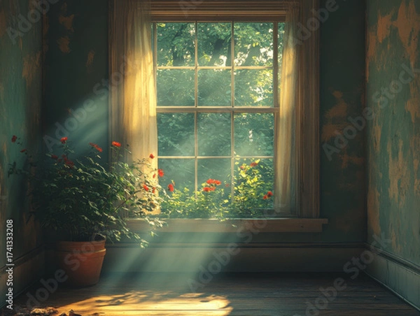 Obraz The sunlight and red flowers on the windowsill