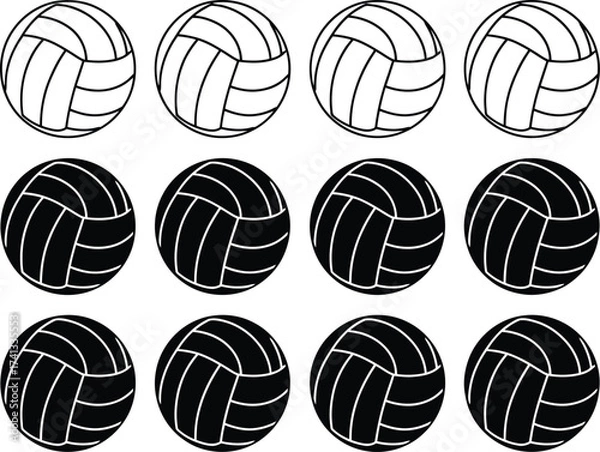 Fototapeta Collection of black and white volleyballs arranged in rows