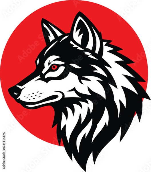 Fototapeta Stylized wolf head profile against a red circle