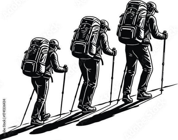Fototapeta Three hikers with backpacks and poles ascend a slope illustration