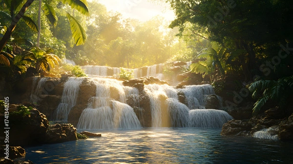 Fototapeta Sunlit waterfall cascading through a vibrant jungle, surrounded by lush greenery and exotic plants, creating a breathtaking and immersive natural scene