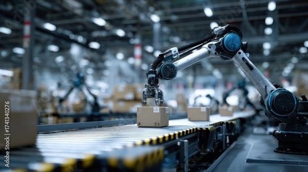 Fototapeta An industrial robot arm efficiently retrieves an item from a conveyor belt in a modern warehouse, showcasing the cutting-edge of automation and futuristic technology in action.