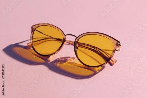 Fototapeta A pair of stylish sunglasses with yellow-tinted lenses rests on a minimalist white table, showcasing a bright and cheerful atmosphere with soft shadows and a pastel color palette.