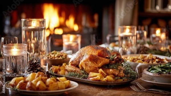 Fototapeta A cozy Christmas dinner table is beautifully set with a whole roasted turkey and delicious side dishes. Warm candlelight and a glowing fireplace create a welcoming atmosphere for family gatherings.