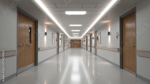 Fototapeta A bright modern hospital corridor featuring sleek white walls, wooden doors, and ceiling lights, creating a clean and inviting atmosphere for patients and staff alike.