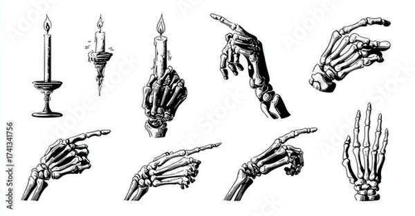 Fototapeta A striking collection of monochrome line art featuring skeleton hands elegantly holding a candle and pointing in various directions, set against a clean white background.