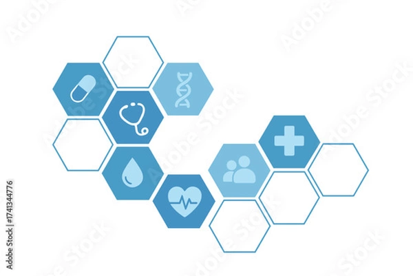 Fototapeta Medical healthcare background with hexagon grid. Medicine technology concept banner. Health care icons set. Stethoscope, DNA, pill, heart, blood. Science innovation vector.
