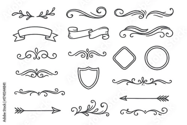 Fototapeta Hand drawn floral dividers laurels frames arrows ribbons. Vintage sketch doodle ornament set. Calligraphic scroll swirl element for wedding invitation decoration. Vector line art.