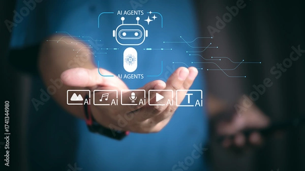 Fototapeta businessman interacts with digital AI agents, represented by icons for images, music, speech, video, and text. This image highlights AI's growing role in media, communication, and technology