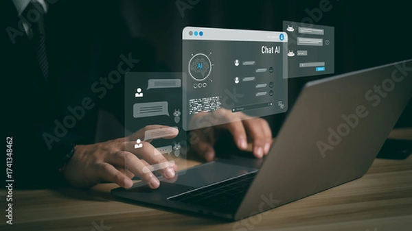 Fototapeta Close-up of hands typing on laptop with virtual AI assistant, chatbot, and code interface, representing artificial intelligence, automation, and smart digital support system.