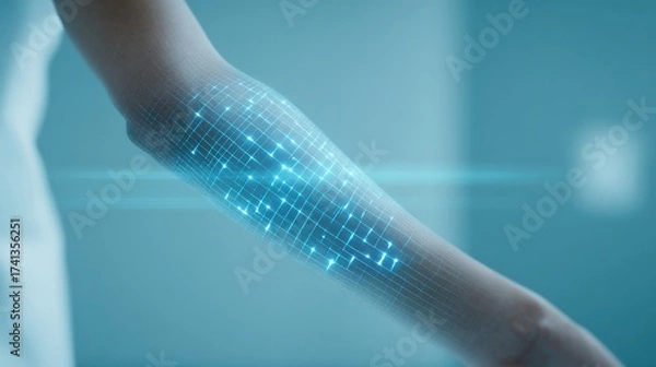 Fototapeta A person's arm is shown in a blue and white color scheme with a pattern of dots