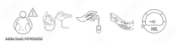 Fototapeta Metabolic syndrome icon set includes visceral obesity, hypertension, insulin resistance, high triglycerides, low hdl-cholesterol with thin line style and white background.