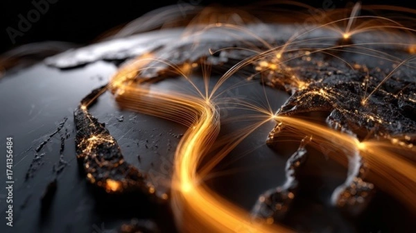 Fototapeta A globe with many lines coming out of it, some of which are orange