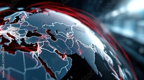 Fototapeta A globe with red lines drawn on it
