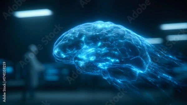 Fototapeta A brain is shown in a blue light, with a person standing behind it