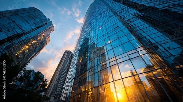 Obraz City skyscraper reflecting sunset light through windows