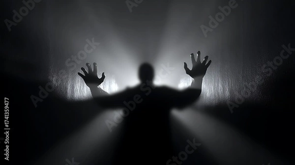 Fototapeta ominous terrifying demon silhouette in blackness surrounded by fearful stillness